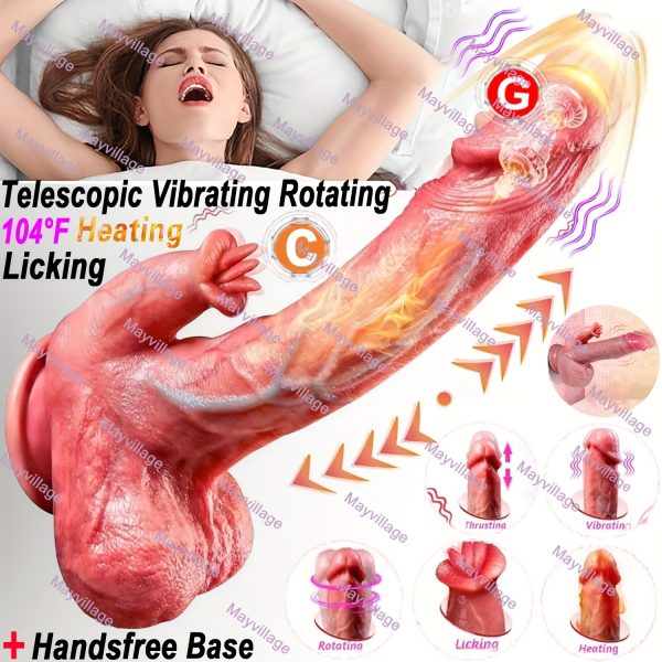 Telescopic Rotating Realistic Dildo Anal Vibrator With Tongue Licking Clitoral Stimulator With Handsfree Base, 5 In 1 G-Spot Vibrator With 5 Thrusting & 10 Vibrating & Heating Modes, Clit Massager Anal Butt Plug Dildo Adult Sex Toys For Women Couples