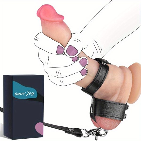 Black Leather Cock Ring Sex Bondage BDSM Testicle Pulling Collar and Leash, Ball Stretcher with Chain Leash, Scrotum Set Reusable Sex Toys for Enhand Sensual Play and Intimate Exploration