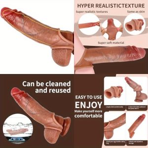 Penis Sleeve - Reusable Penis SleeveNew Silicone UltraSoft Penis Realistic Textured Cock Sheath with Ball Stretcher for Enlarge Thicken for Couples Sex Toys for Men