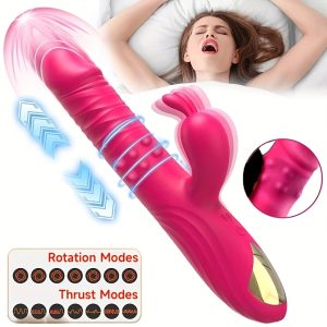 Thrusting Rabbit Vibrator Anal Butt Plug Dildo, G Spot Clitoral Vibrators Rechargeable Realistic Silicone Dildo with 3 Telescopic & 10 Vibrating Modes, Clit Nipples Massager Anus Vagina G-Spot Stimulator, Rose Red Adult Sex Toys for Women Men Couples