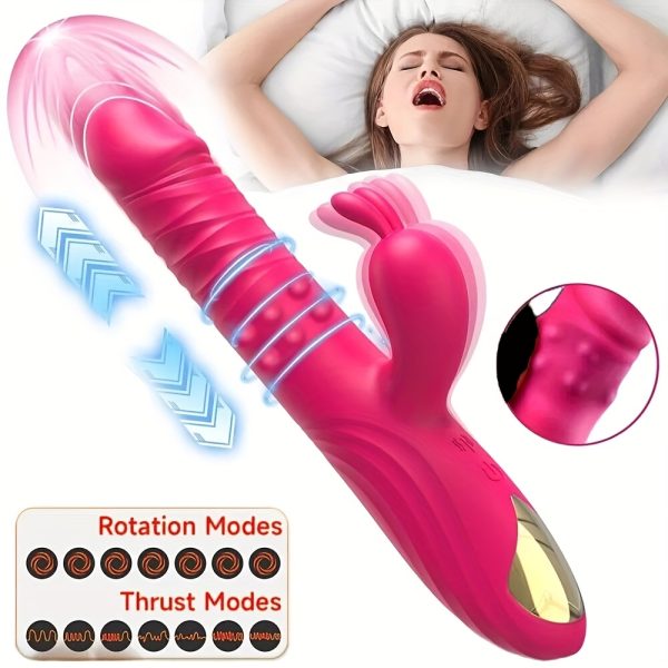 Thrusting Rabbit Vibrator Anal Butt Plug Dildo, G Spot Clitoral Vibrators Rechargeable Realistic Silicone Dildo with 3 Telescopic & 10 Vibrating Modes, Clit Nipples Massager Anus Vagina G-Spot Stimulator, Rose Red Adult Sex Toys for Women Men Couples