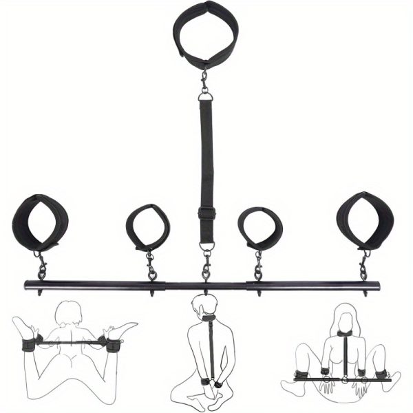 Spreader Bar Sex Toys with Wrist and Ankle Collar Restraint Set Adjustable Handcuffs Collar Restraint Set for Adult Couples BDSM Black
