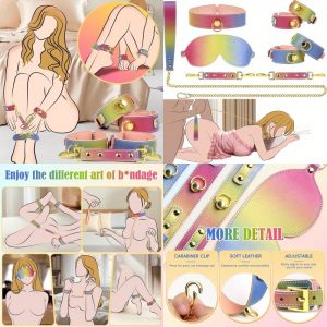 Sex Bondage BDSM Restraints Kits Sex Toys for Women with Adjustable Handcuffs Ankle Cuffs Blindfold Collar Neck Chain Leather Restraints Set for Couples Beginner SM Game Play
