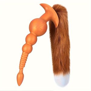 Anal Beads with Removable Foxtail Extra Long Fox Tail Anal Butt Plug Sex Toy Liquid Silicone Anal Plugs Anal Stimulator for Men Women Couples Cosplay Anal Trainer Erotic SM Sex Games