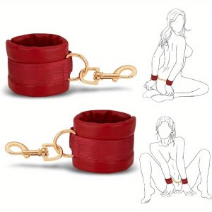BDSM Bondage Restraints Sex Toys Adjustable Soft Leather Handcuffs Ankle Cuffs Adult Toy, Furniture Restraint Kit for Men Women Couples SM Game Play Red